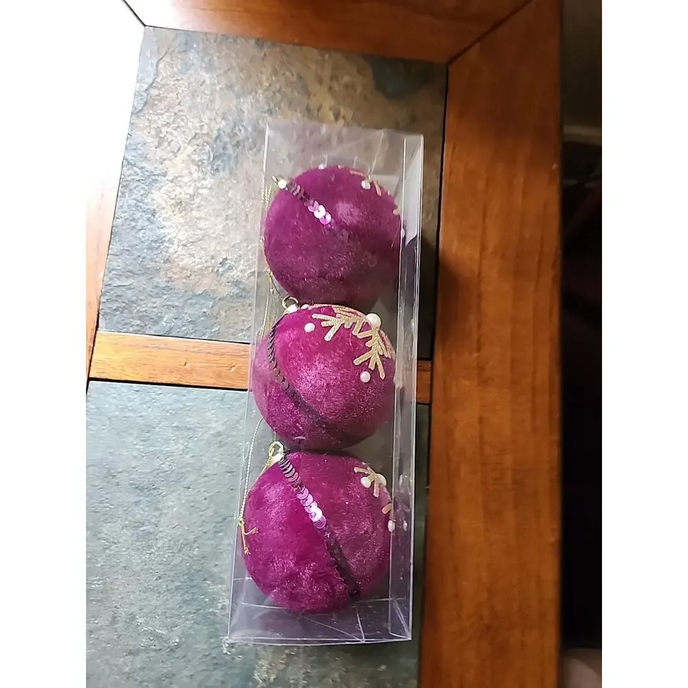 Winter Wonder Lane Festive Bloom Collection 3 pc Velvet Purple Ornaments